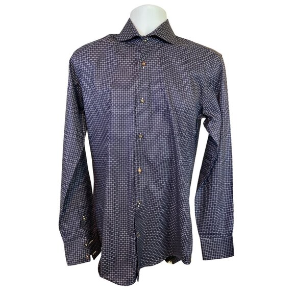 Circle of Gentlemen Shirt 38/15 Navy Geometric Pattern Slim Fit Dress Shirt Luxe - Picture 1 of 8
